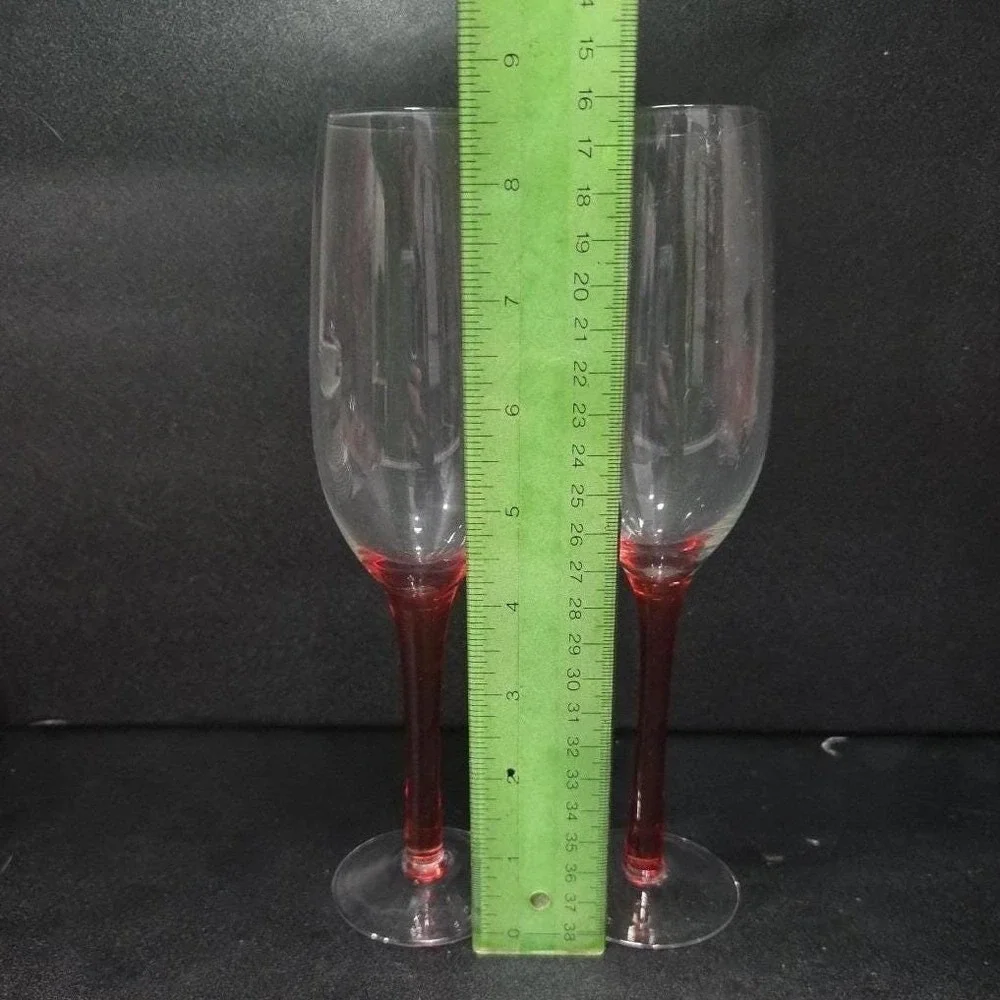 Red Stemmed Champagne Flutes, Set of 2, Hand Blown Toasting Glasses, Stemware‎